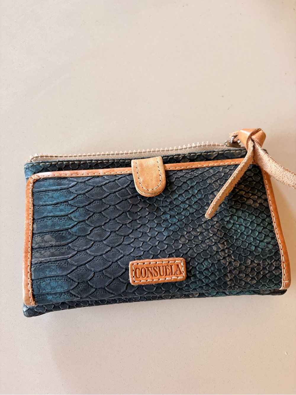 Consuela Teal Embossed Leather Wallet with Tan Trim